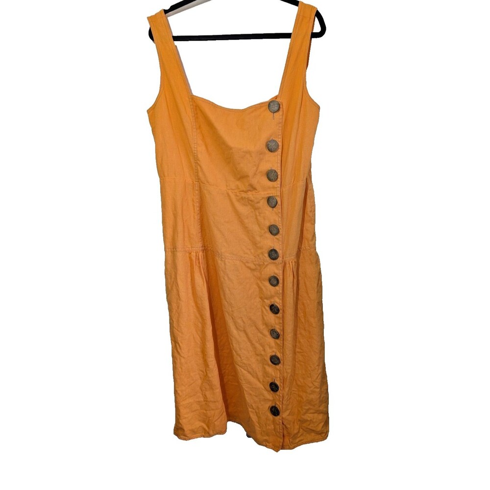 Nicholas Women's Button Pinafore Dress Orange Linen Square Neck Boho US Size 16